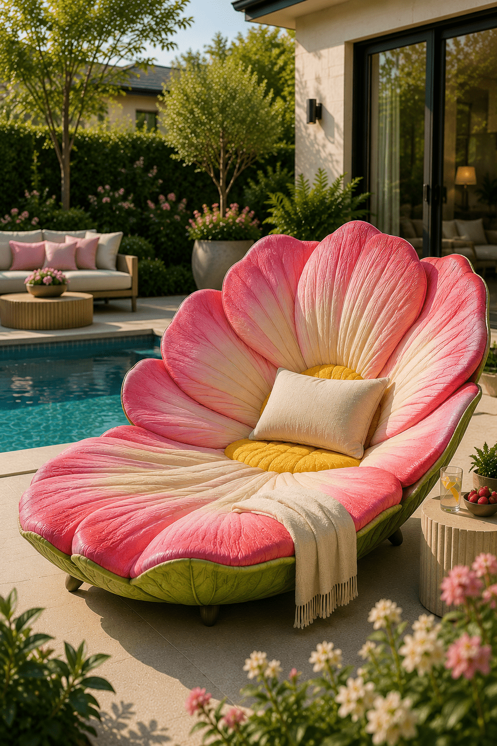 Large pink flower-inspired luxury garden lounger positioned beside a modern swimming pool with landscaped garden.