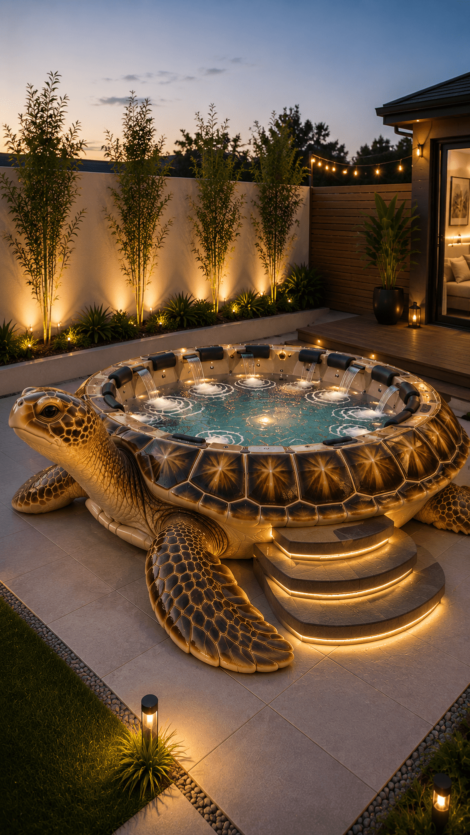 Bronze turtle-shaped luxury hot tub featuring glowing shell panels, waterfalls and modern garden lighting at dusk.