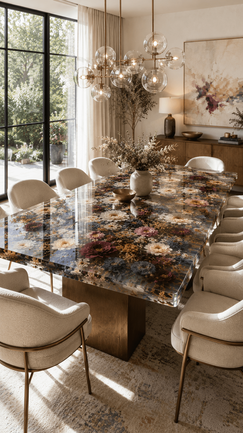 Large rectangular floral resin dining table featuring deep burgundy, pink and ivory flowers preserved beneath a glossy resin tabletop