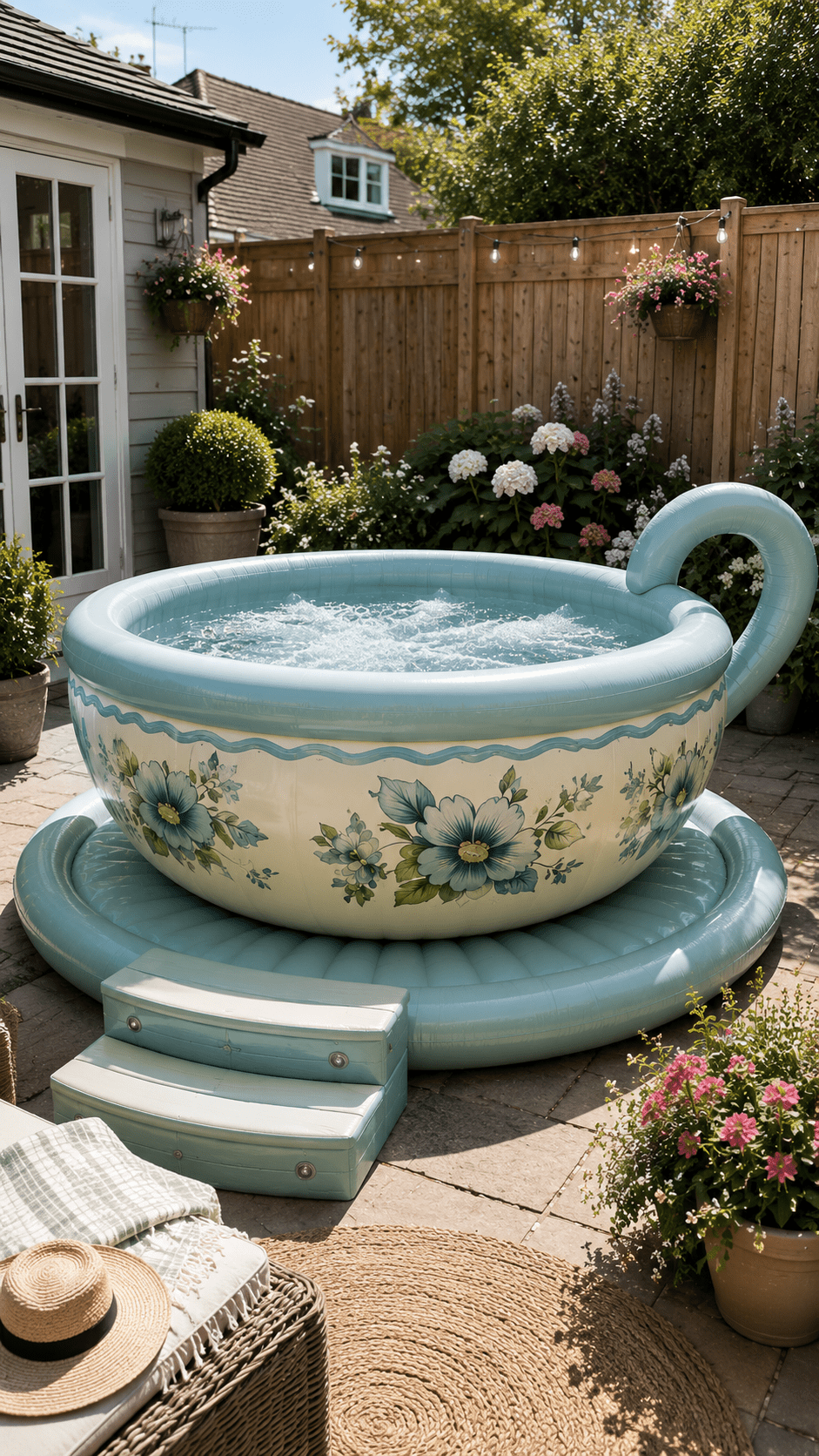 Pastel blue inflatable teacup hot tub with vintage floral patterns creating a relaxing outdoor spa experience.