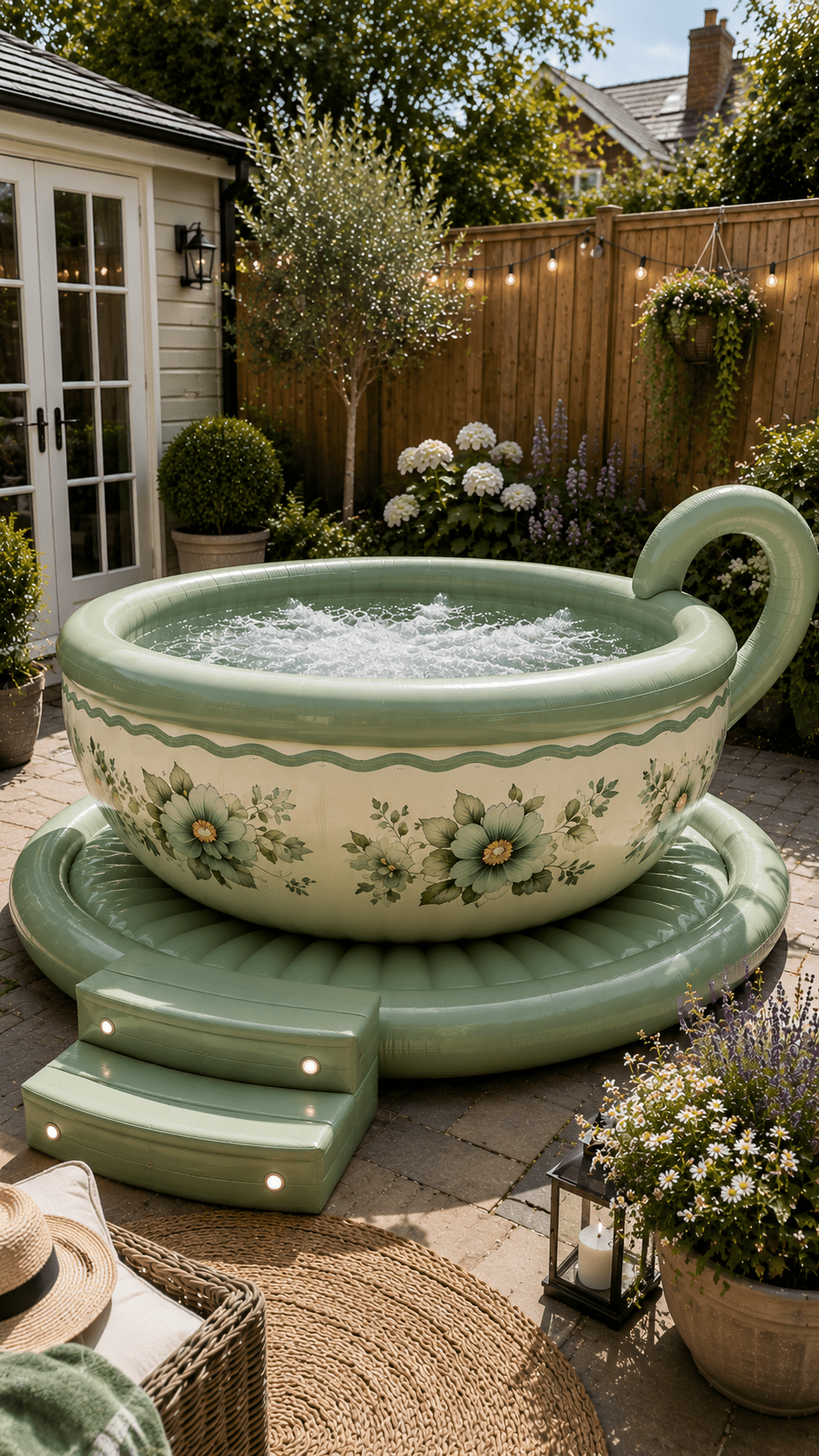 Sage green inflatable teacup hot tub featuring floral decorations and illuminated steps in a stylish British garden.