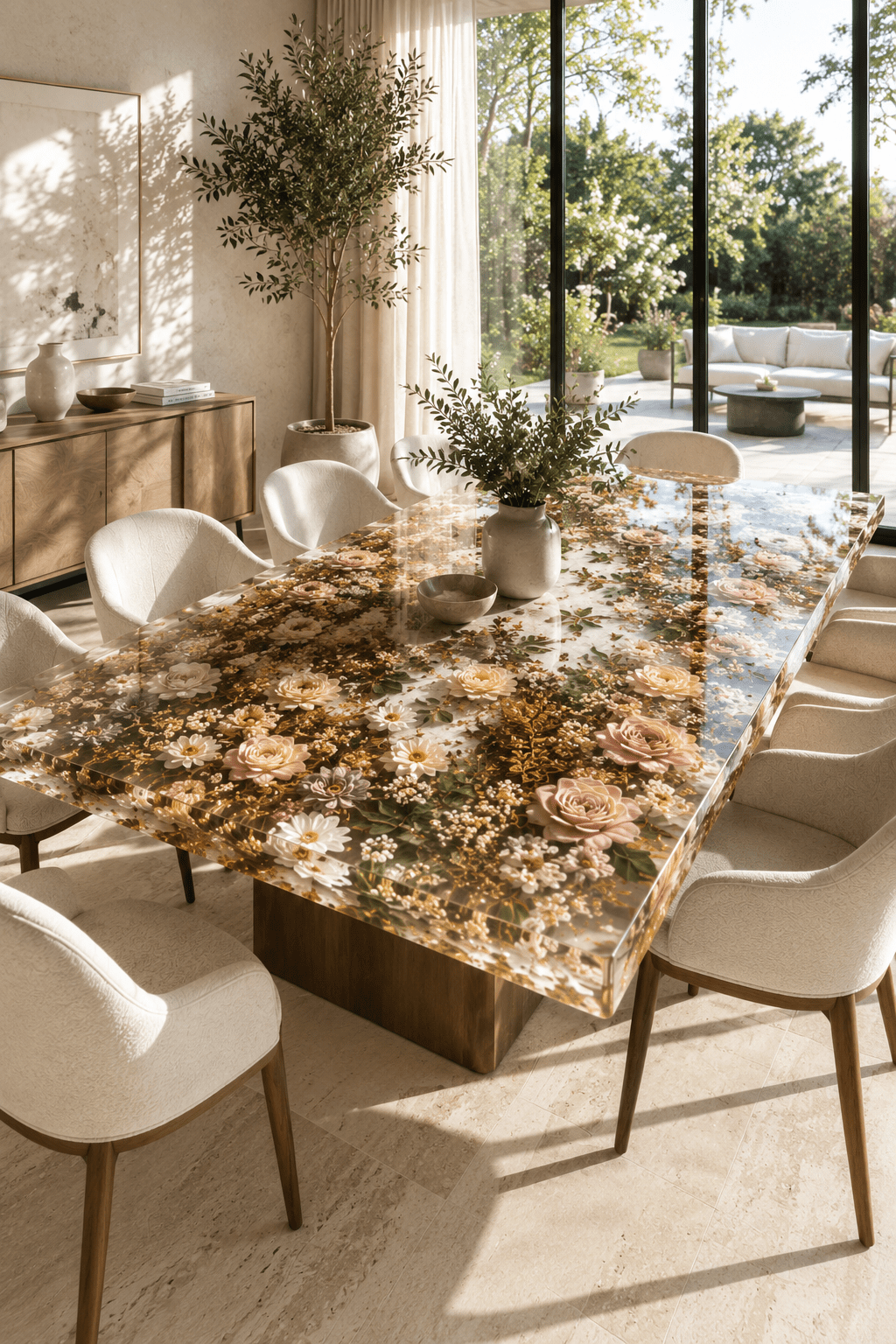 Rectangular floral resin dining table showcasing cream, blush and lavender flowers embedded in clear resin within a contemporary dining space