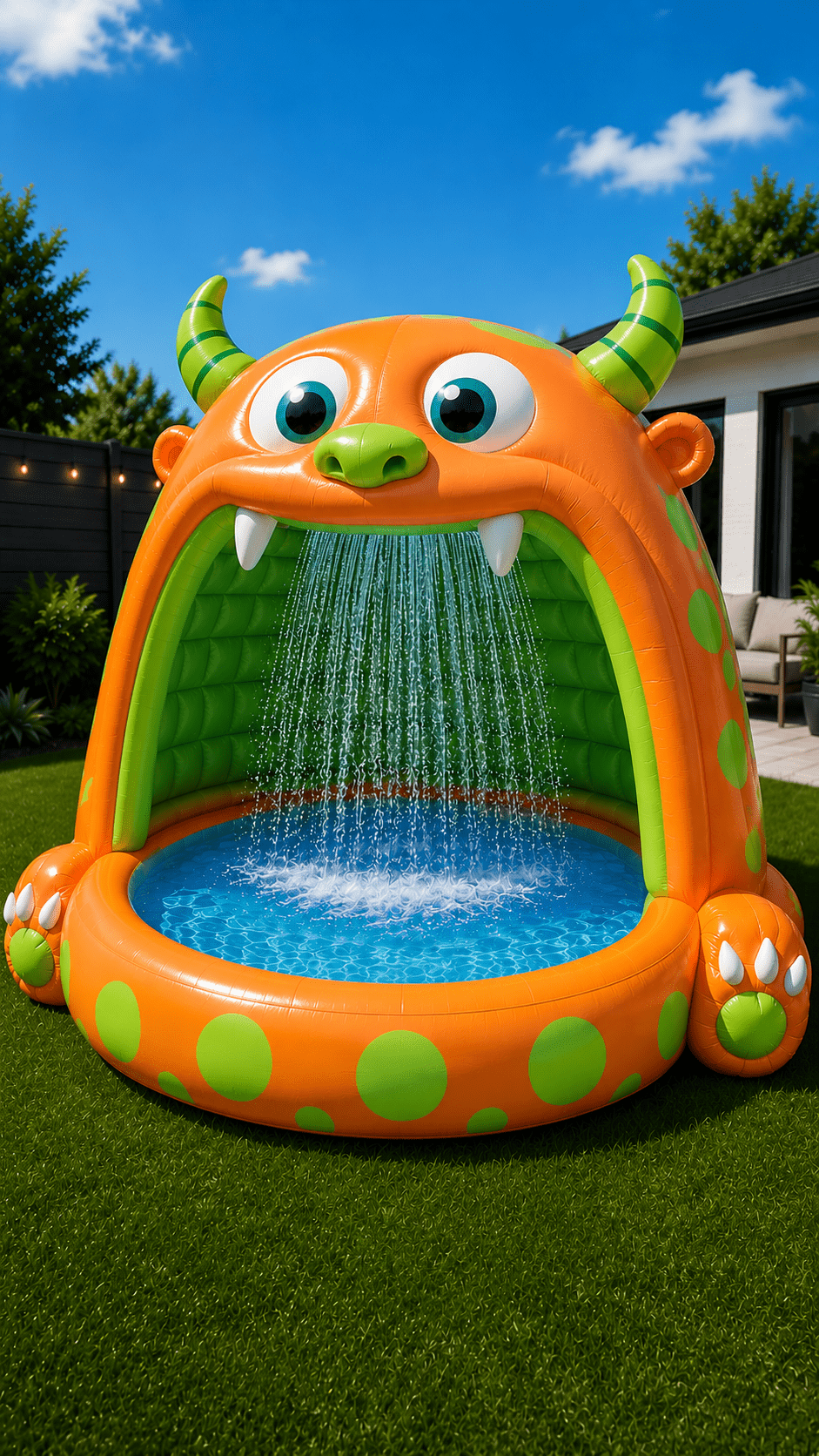 Bright orange monster-shaped inflatable paddling pool with green horns and waterfall sprayer in a modern garden.