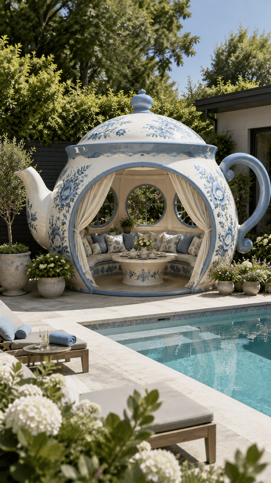 Blue floral teacup garden pod positioned beside a luxury swimming pool with elegant seating and decorative outdoor styling.