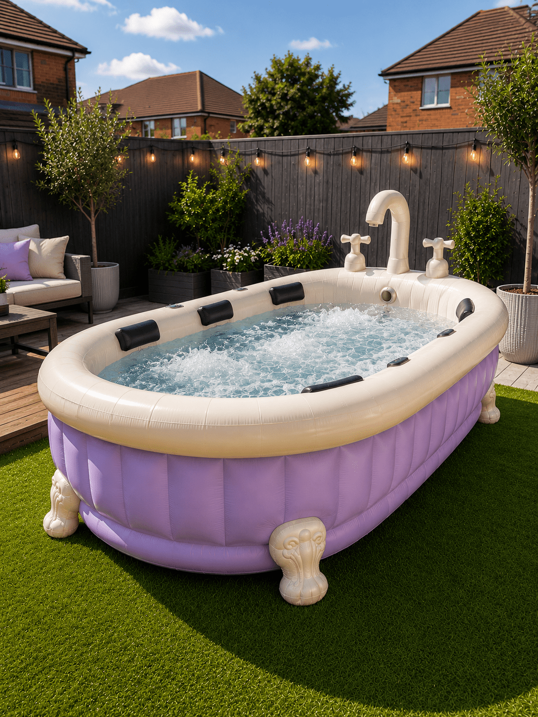 Pastel purple inflatable bathtub hot tub with decorative claw feet in a bright modern suburban garden.