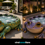 Luxury frog-shaped hot tub with bubbling spa jets positioned in a stylish landscaped garden patio.