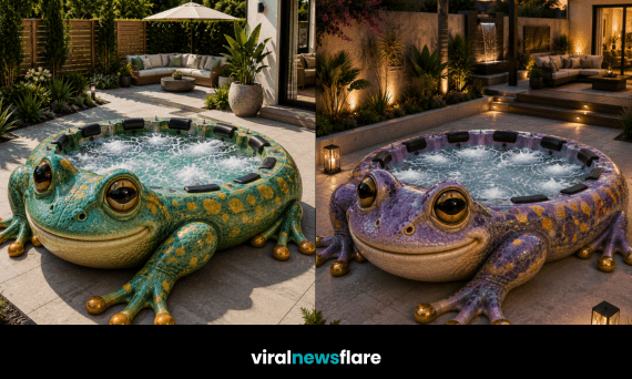 Luxury frog-shaped hot tub with bubbling spa jets positioned in a stylish landscaped garden patio.