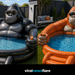 Large gorilla-shaped inflatable paddling pool with drink holders and steps in a modern garden