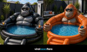 Large gorilla-shaped inflatable paddling pool with drink holders and steps in a modern garden