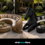 Luxury horse-shaped rattan garden sofa with circular seating and coffee table creating a stunning focal point in a modern garden