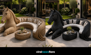 Luxury horse-shaped rattan garden sofa with circular seating and coffee table creating a stunning focal point in a modern garden