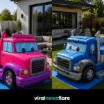 Giant truck-shaped inflatable paddling pool with built-in water sprayers creating the ultimate kids' summer garden attraction.