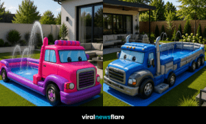 Giant truck-shaped inflatable paddling pool with built-in water sprayers creating the ultimate kids' summer garden attraction.