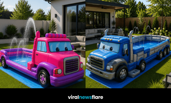 Giant truck-shaped inflatable paddling pool with built-in water sprayers creating the ultimate kids' summer garden attraction.