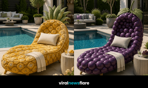 Collection of luxury fruit-inspired garden loungers including grape, kiwi, orange and pineapple designs beside a modern swimming pool