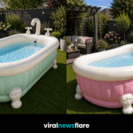 Collection of pastel inflatable bathtub-shaped paddling pools in a stylish suburban garden setting