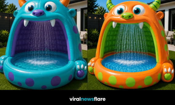 Colourful monster-shaped inflatable paddling pool with waterfall spray creating the ultimate fun garden attraction.
