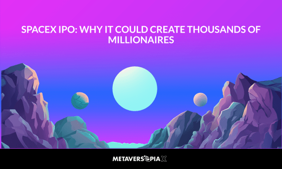 Illustrated space-themed banner featuring planets and rocky landscapes for a blog about the SpaceX IPO and its potential to create thousands of millionaires.