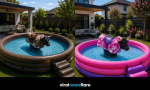 Collection of inflatable mechanical bull pools in multiple colours showcasing a fun rodeo-themed garden entertainment centrepiece for summer.