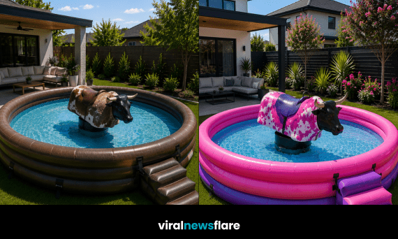 Collection of inflatable mechanical bull pools in multiple colours showcasing a fun rodeo-themed garden entertainment centrepiece for summer.