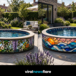 Luxury stained glass paddling pool with colourful artistic panels creating a stunning focal point in a modern garden.