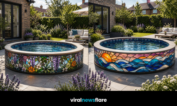 Luxury stained glass paddling pool with colourful artistic panels creating a stunning focal point in a modern garden.
