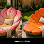 Oversized garden loungers in vibrant colours creating stylish outdoor seating beside pools and contemporary gardens.