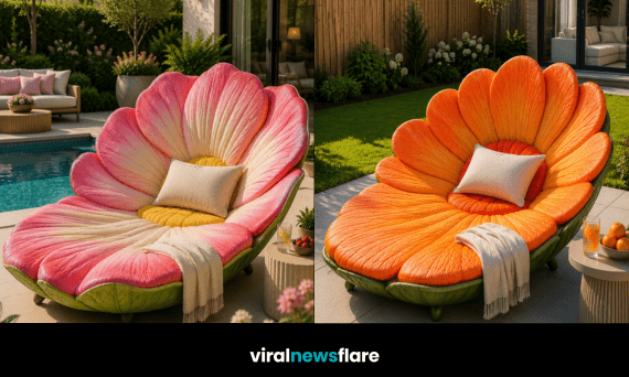 Oversized garden loungers in vibrant colours creating stylish outdoor seating beside pools and contemporary gardens.