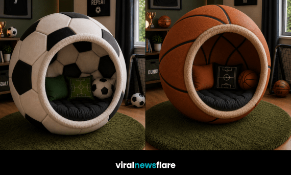 Collection of football, cricket, basketball and rugby ball reading pods designed for stylish sports-themed interiors.