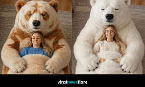 Collection of giant bear sleeping bags in grey, white and brown designs creating a cosy home relaxation space.