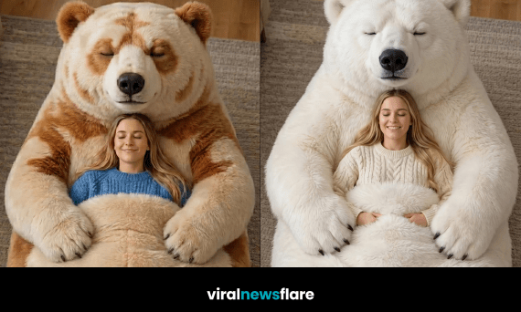 Collection of giant bear sleeping bags in grey, white and brown designs creating a cosy home relaxation space.
