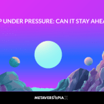 Futuristic digital landscape with glowing planets and rocky formations representing XRP facing growing competition in the cryptocurrency market.