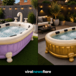 Elegant inflatable bathtub hot tub with decorative claw feet and bubbling spa water in a beautifully landscaped modern garden.