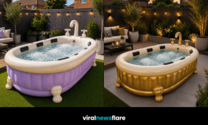 Elegant inflatable bathtub hot tub with decorative claw feet and bubbling spa water in a beautifully landscaped modern garden.