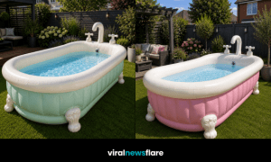 Collection of pastel inflatable bathtub-shaped paddling pools in a stylish suburban garden setting