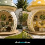 Large mushroom garden pod with curved seating, floral decorations and landscaped garden pathway