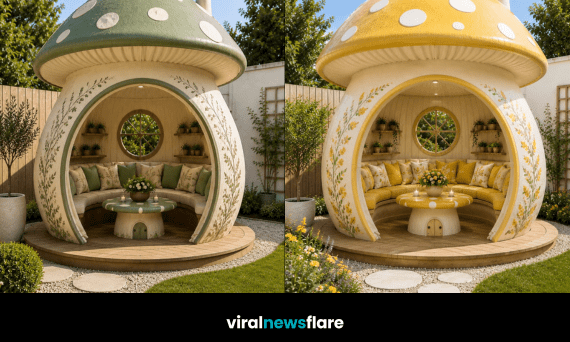 Large mushroom garden pod with curved seating, floral decorations and landscaped garden pathway