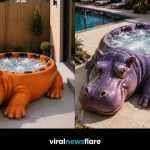 Giant blue hippo-shaped hot tub with bubbling spa jets in a beautifully landscaped luxury back garden.