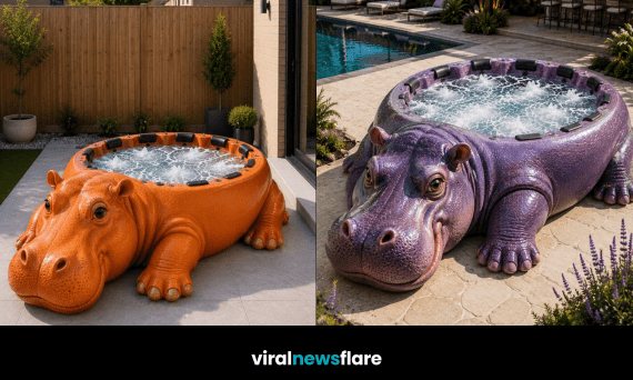 Giant blue hippo-shaped hot tub with bubbling spa jets in a beautifully landscaped luxury back garden.