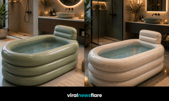 Modern inflatable bathtub pool creating a luxurious home spa experience inside a contemporary designer bathroom.