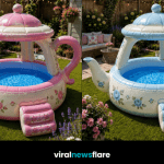 Elegant inflatable teapot garden pool with floral detailing creating a unique and stylish summer feature in a modern suburban garden.