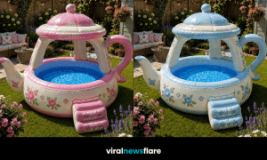 Elegant inflatable teapot garden pool with floral detailing creating a unique and stylish summer feature in a modern suburban garden.