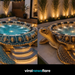 Luxury turtle-shaped hot tub with illuminated shell creating a stunning centrepiece in a modern landscaped garden at sunset.