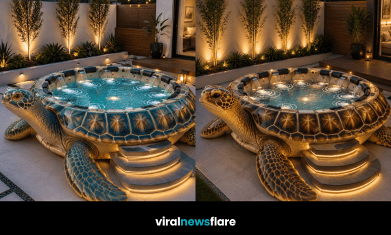 Luxury turtle-shaped hot tub with illuminated shell creating a stunning centrepiece in a modern landscaped garden at sunset.