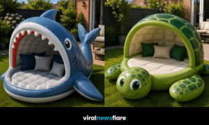 Collection of animal-inspired inflatable garden pods including crab, turtle, shark and whale designs in a modern suburban garden.