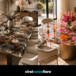 Luxury floral resin dining table featuring colourful preserved flowers beneath a clear resin surface in a contemporary dining room