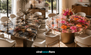 Luxury floral resin dining table featuring colourful preserved flowers beneath a clear resin surface in a contemporary dining room