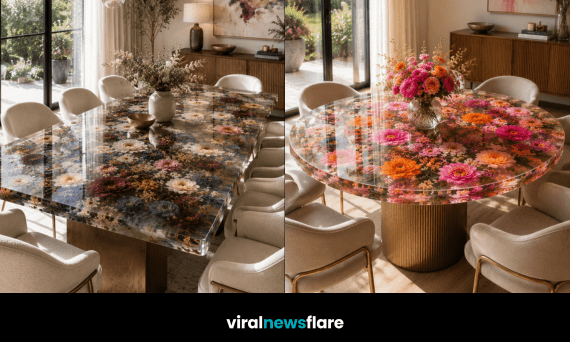 Luxury floral resin dining table featuring colourful preserved flowers beneath a clear resin surface in a contemporary dining room