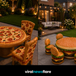 Collection of food-themed garden dining sets including ice cream, burger, pizza and hot dog furniture in a beautifully landscaped garden