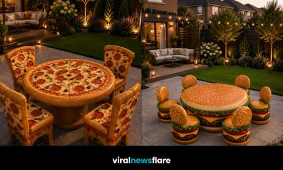 Collection of food-themed garden dining sets including ice cream, burger, pizza and hot dog furniture in a beautifully landscaped garden